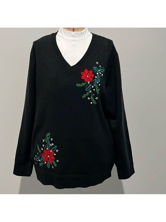 White Stag Sweaters - CHRISTMAS sweater with embroidered poinsettias. Plus size XXL (20)